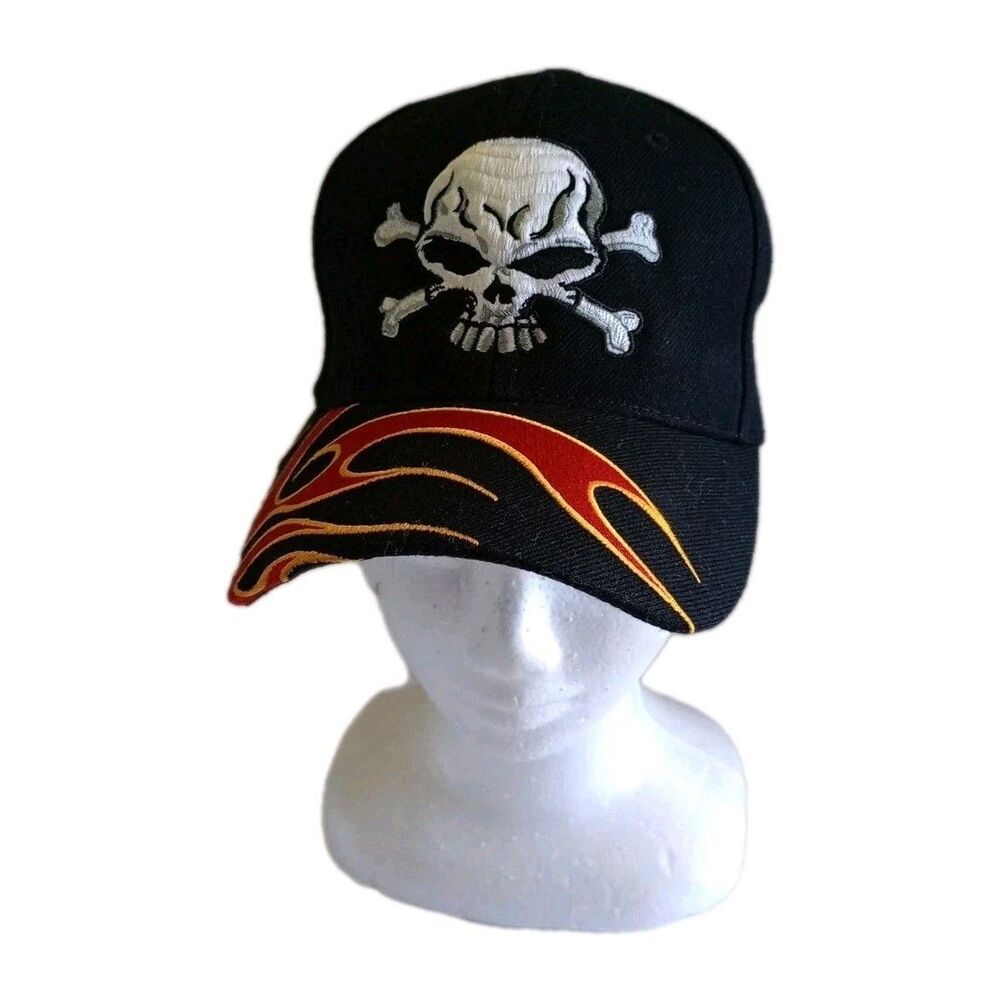Skull On Fire Brim On Fire Choppers Embroidered Hat Flame Graphic Bikercore